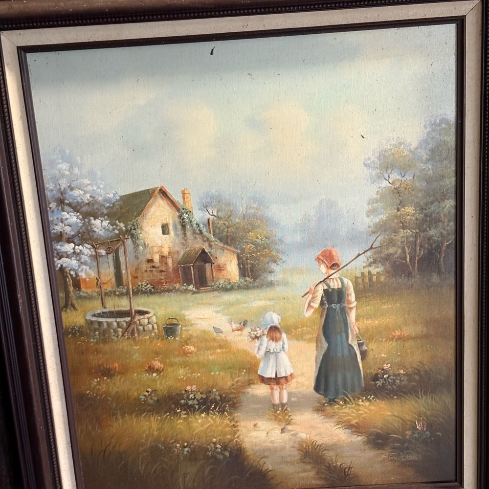 Charming Countryside Painting with Mother and Child
